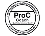 Picture 4 Ein rundes Logo für die Professional Coaching Association mit ProC Coach in der Mitte, mit "Über mich" und umlaufendem Text: Qualifizierter professioneller Coach und www.ProC-Association.de.